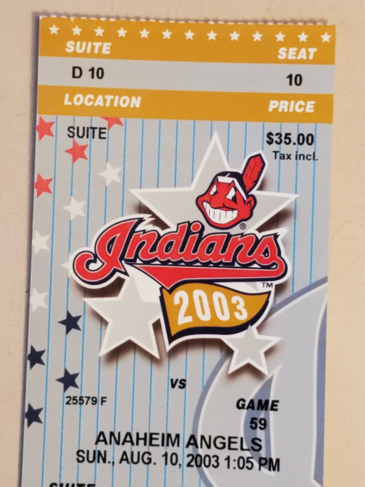 2003 MLB Cleveland Indians Ticket Stub AUG 10 2003 v Anaheim Angels (3-1W) SUITE - Thumbnail 6
