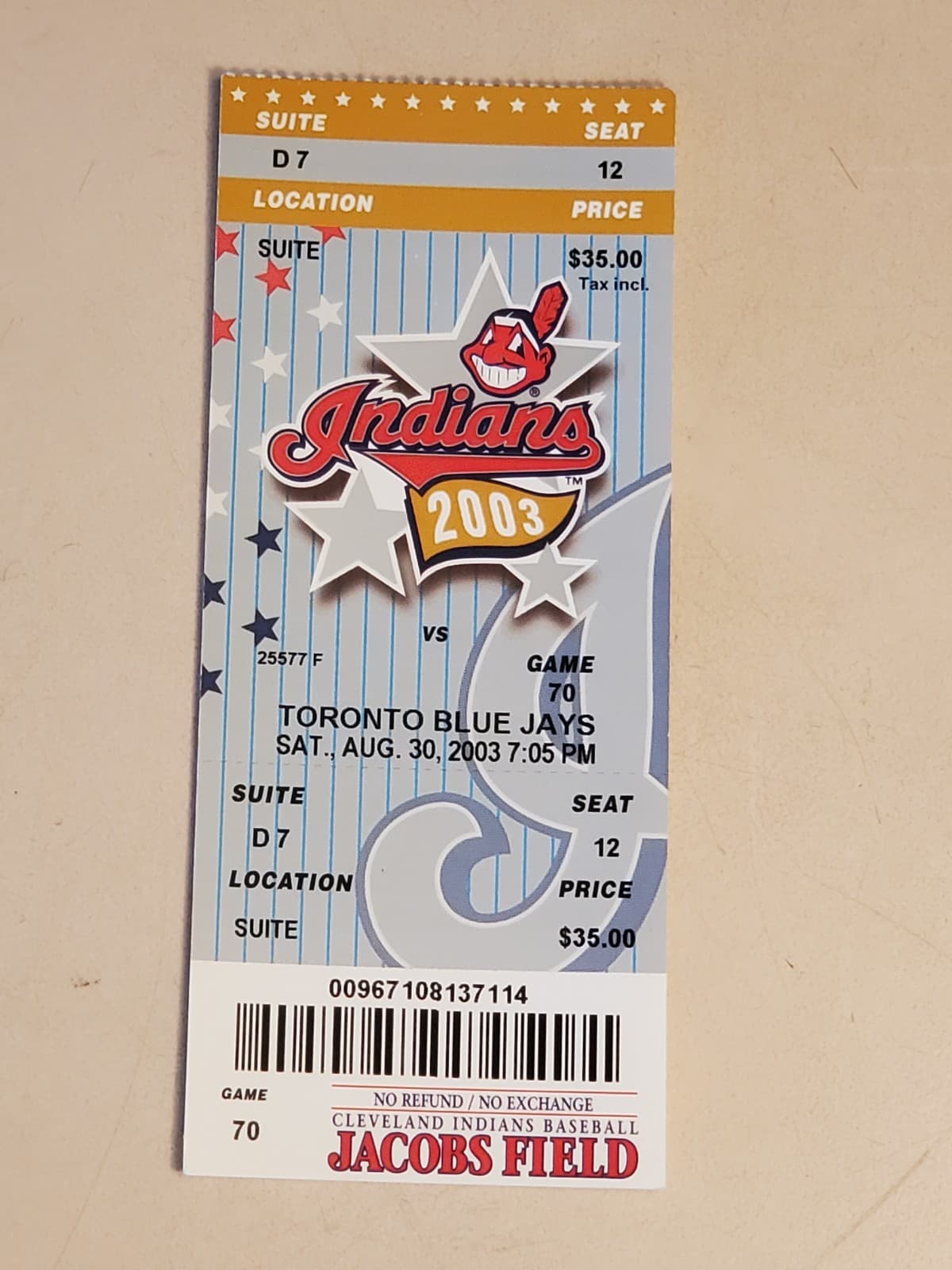 2003 MLB Cleveland Indians Ticket Stub AIG 30 2003 v Toronto Blue Jays (3-9L) - Image 1