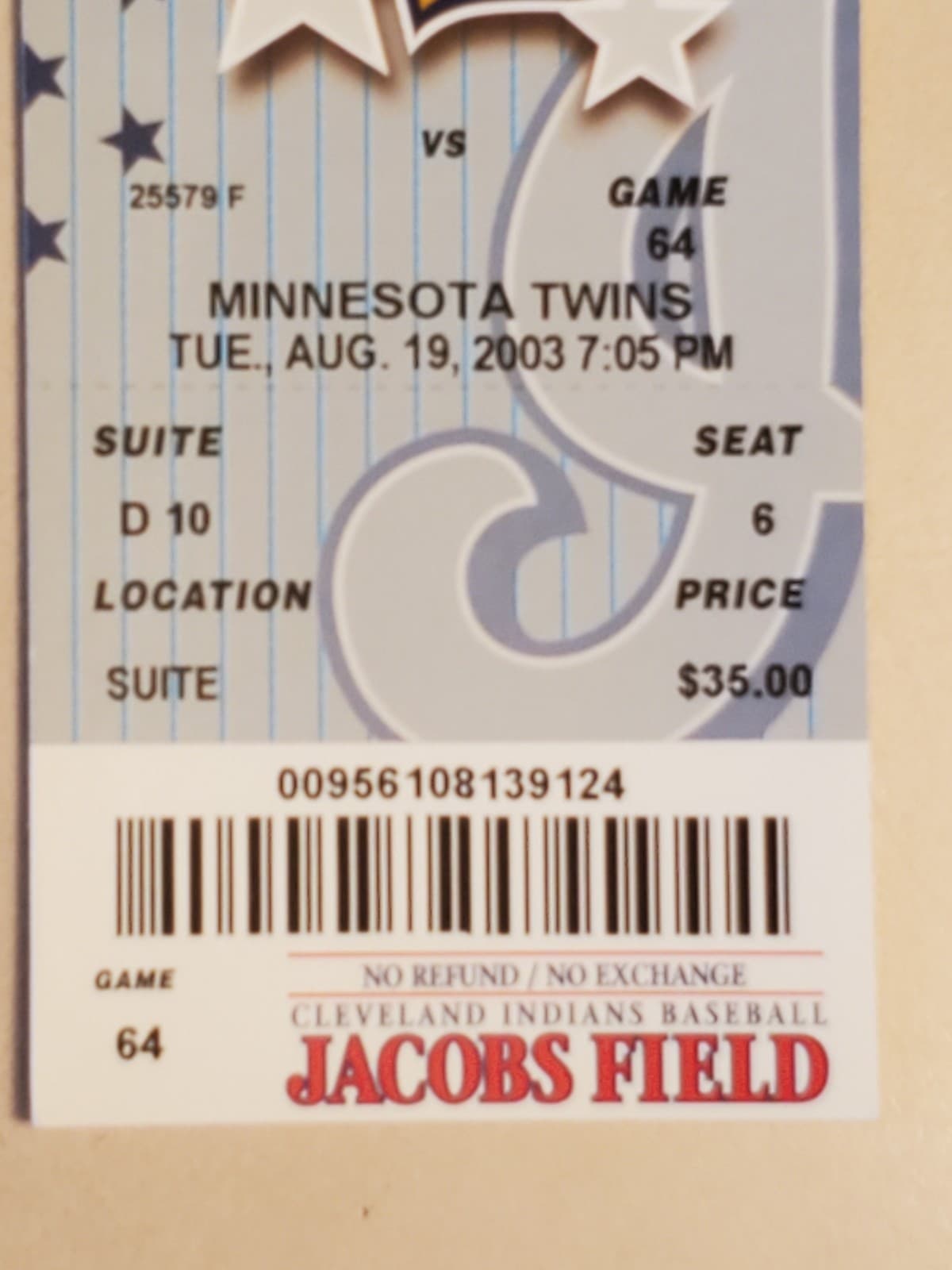 2003 MLB Cleveland Indians Ticket Stub AUG 19 2003 v Minnesota Twins (2-8L) - Thumbnail 5