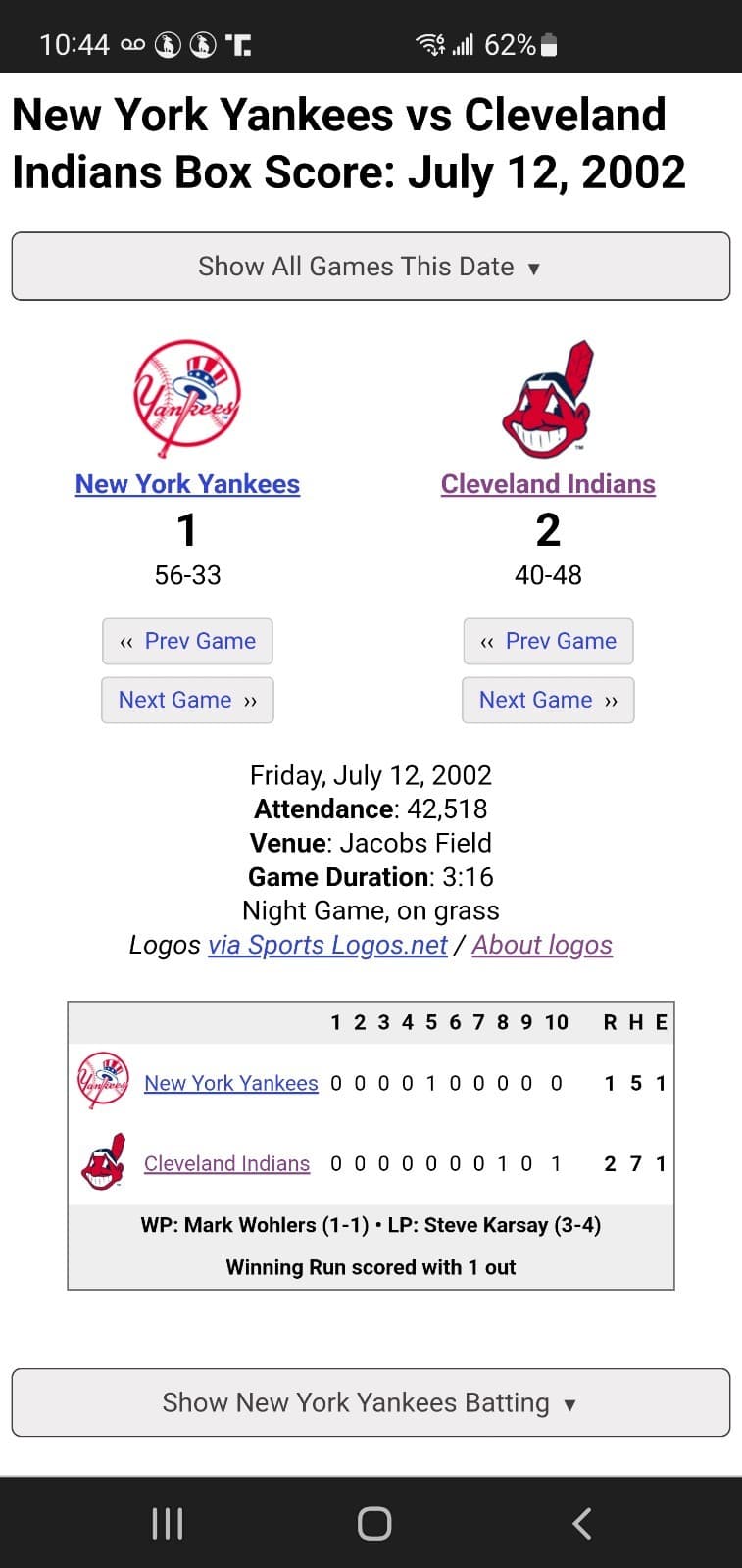 2002 MLB Cleveland Indians Ticket Stub JUL 12 2002 v New York Yankees (2-1W) SUI - Thumbnail 3