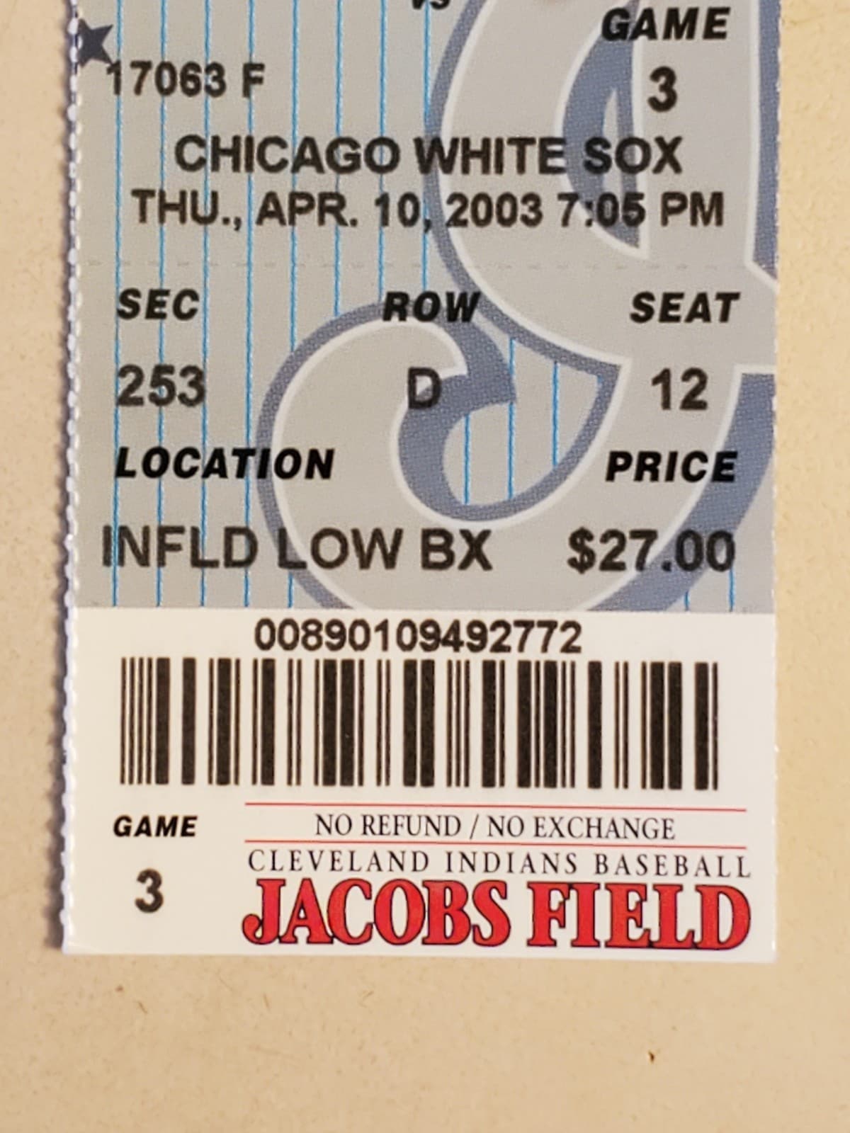 2003 MLB Cleveland Indians Ticket Stub APR 10 2003 v Chicago White Sox (2-7L) - Thumbnail 5