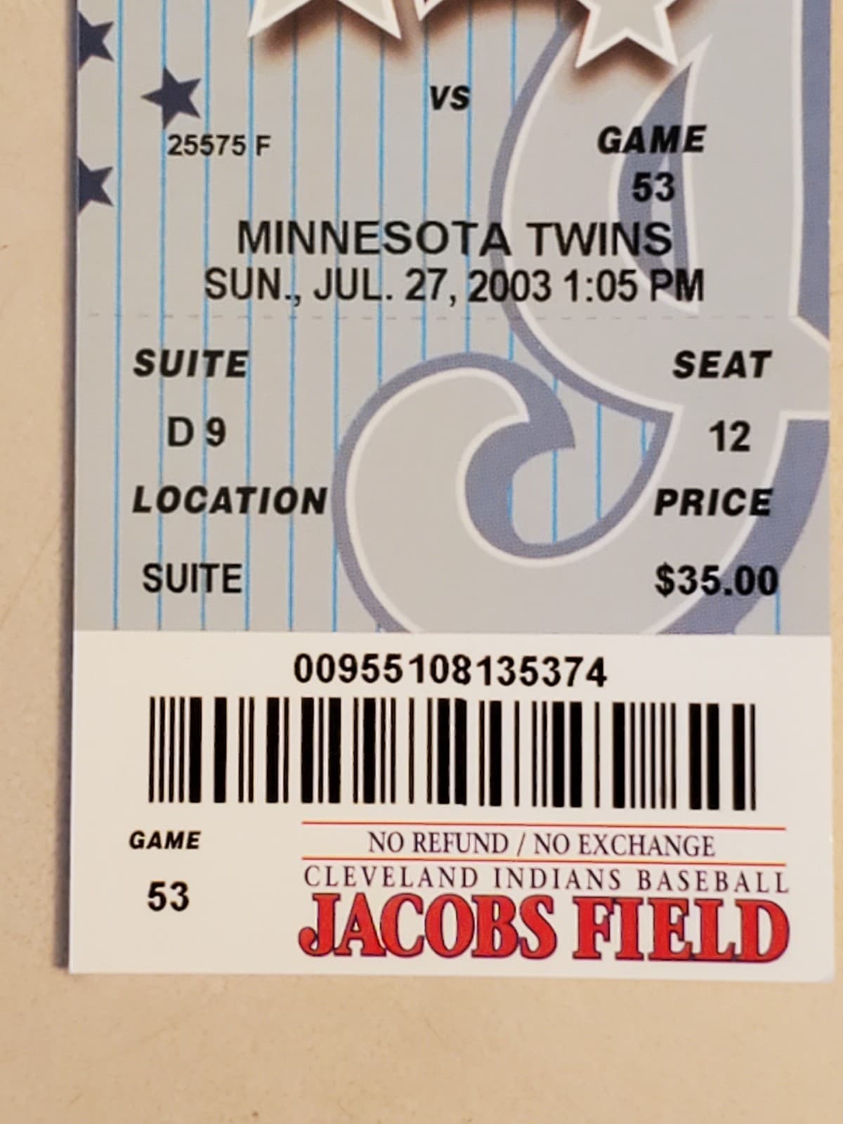2003 MLB Cleveland Indians Ticket Stub JUL 27 2003 v Minnesota Twins (3-2W) SUIT - Thumbnail 5