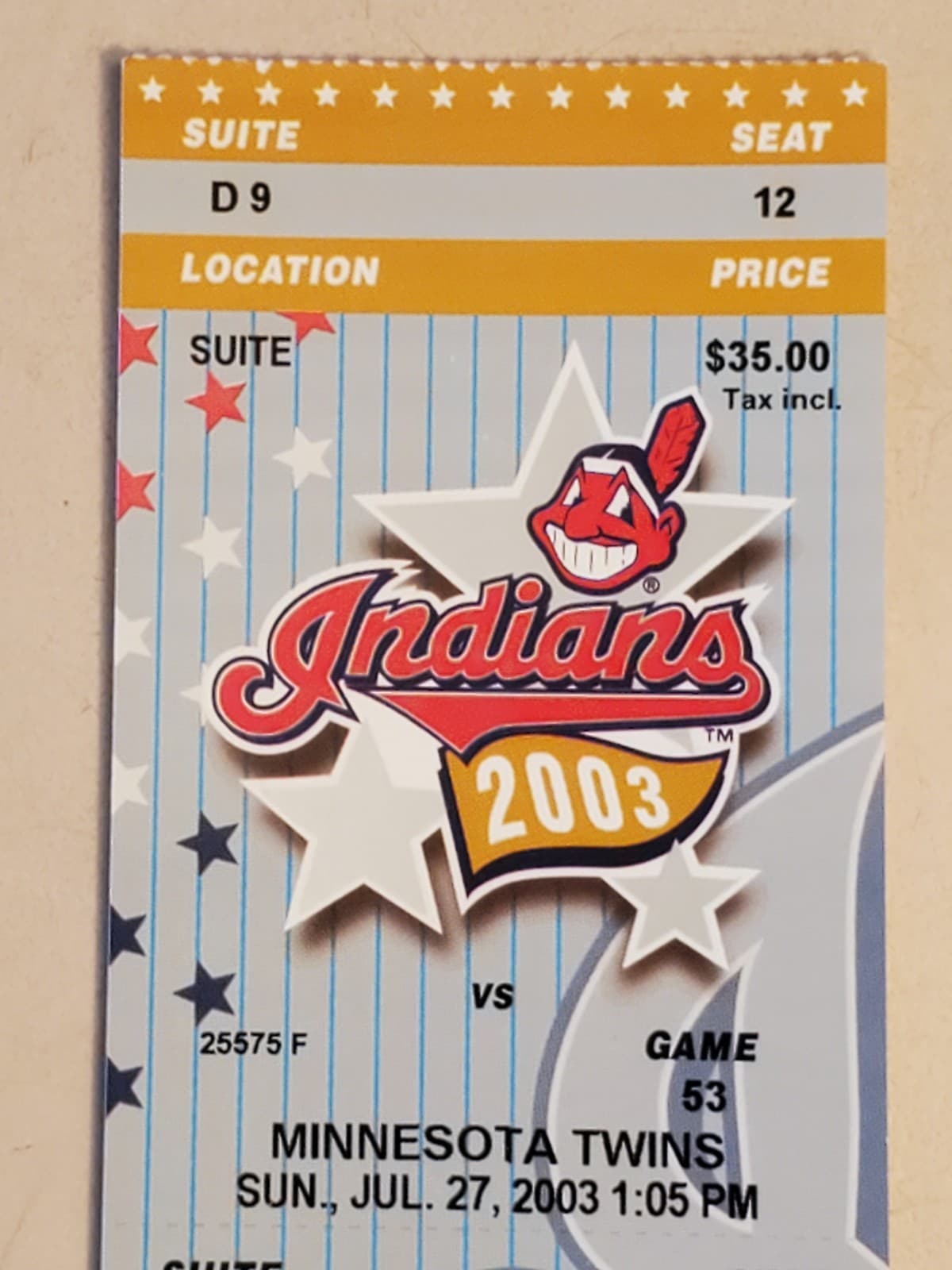 2003 MLB Cleveland Indians Ticket Stub JUL 27 2003 v Minnesota Twins (3-2W) SUIT - Thumbnail 6