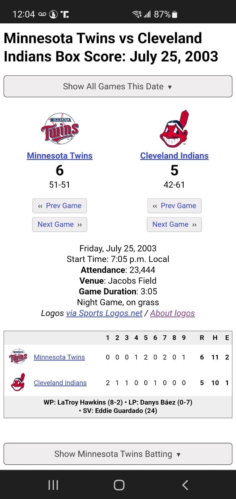 2003 MLB Cleveland Indians Ticket Stub JUL 25 2003 v Minnesota Twins (5-6L) SUIT - Thumbnail 3