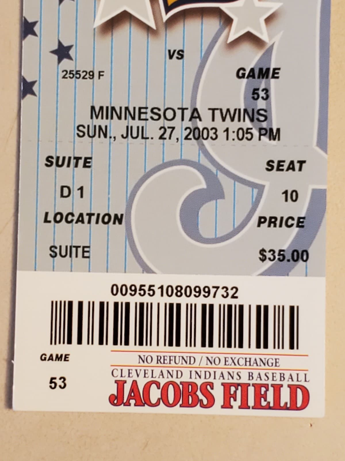 2003 MLB Cleveland Indians Ticket Stub JUL 27 2003 v Minnesota Twins (3-2W) SUIT - Thumbnail 5