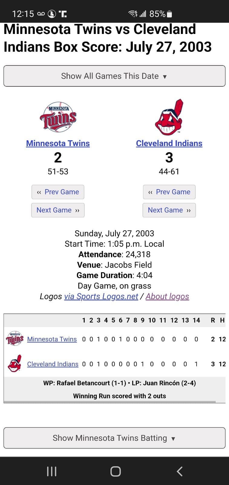 2003 MLB Cleveland Indians Ticket Stub JUL 27 2003 v Minnesota Twins (3-2W) SUIT - Thumbnail 3
