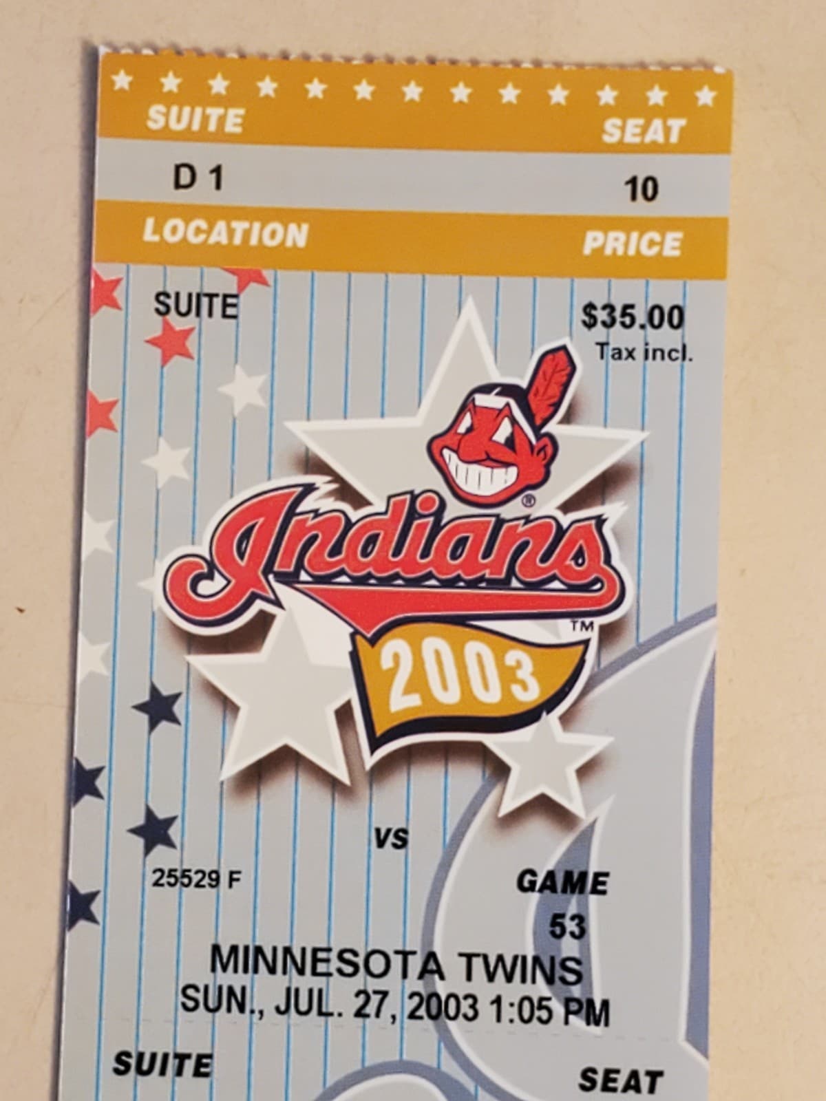 2003 MLB Cleveland Indians Ticket Stub JUL 27 2003 v Minnesota Twins (3-2W) SUIT - Thumbnail 6