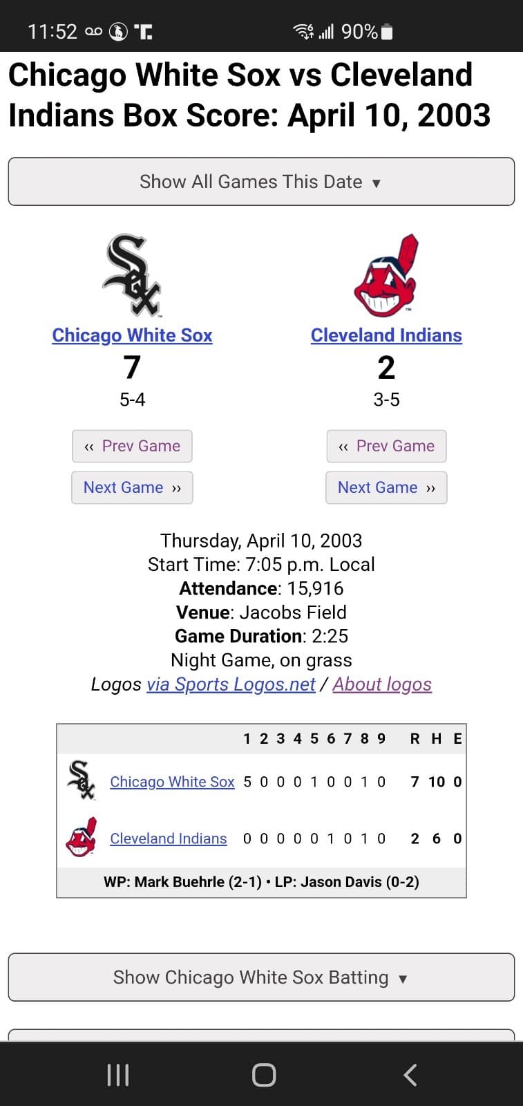 2003 MLB Cleveland Indians Ticket Stub APR 10 2003 v Chicago White Sox (2-7L) - Thumbnail 3
