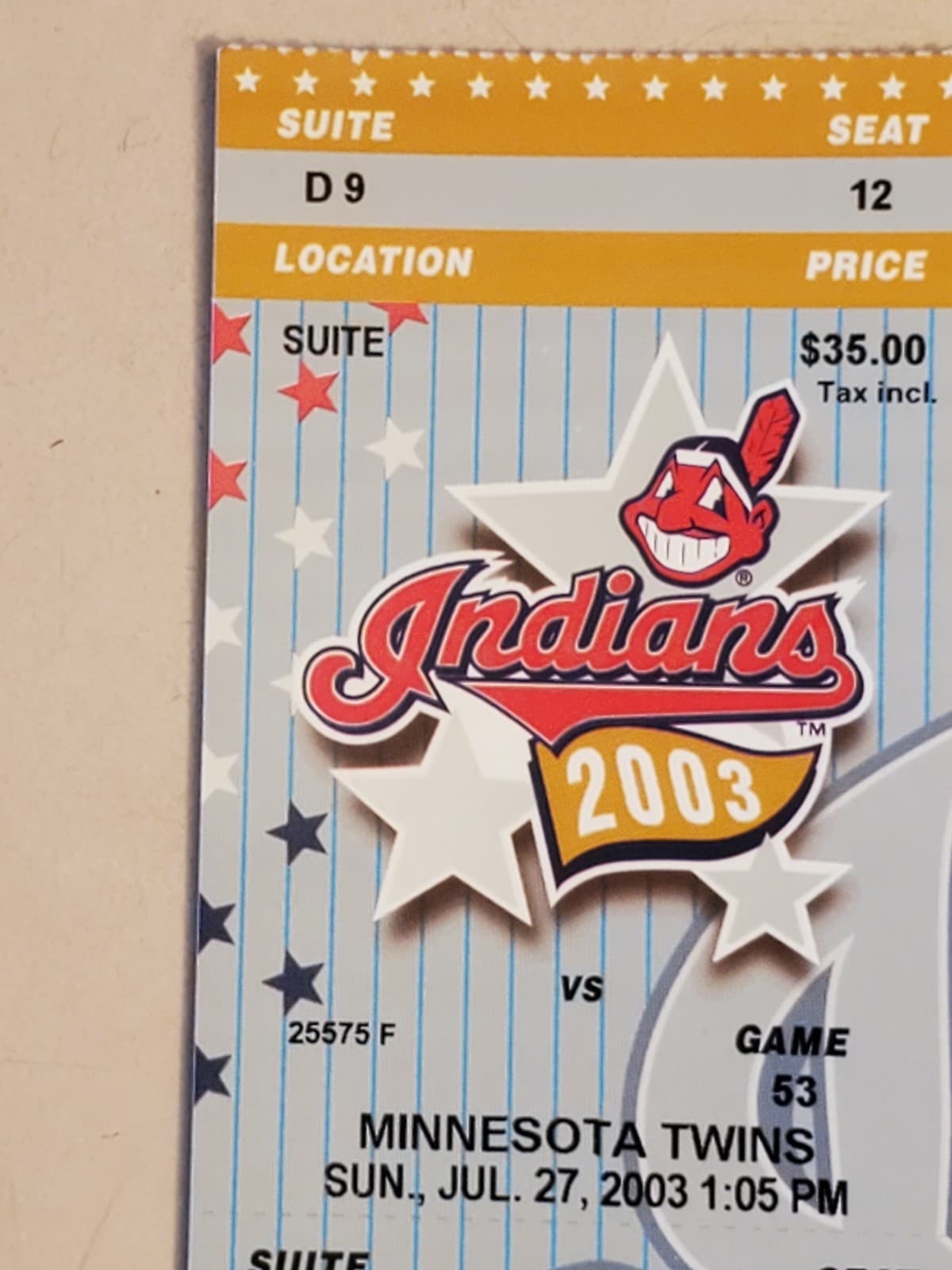 2003 MLB Cleveland Indians Ticket Stub JUL 27 2003 v Minnesota Twins (3-2W) SUIT - Thumbnail 7