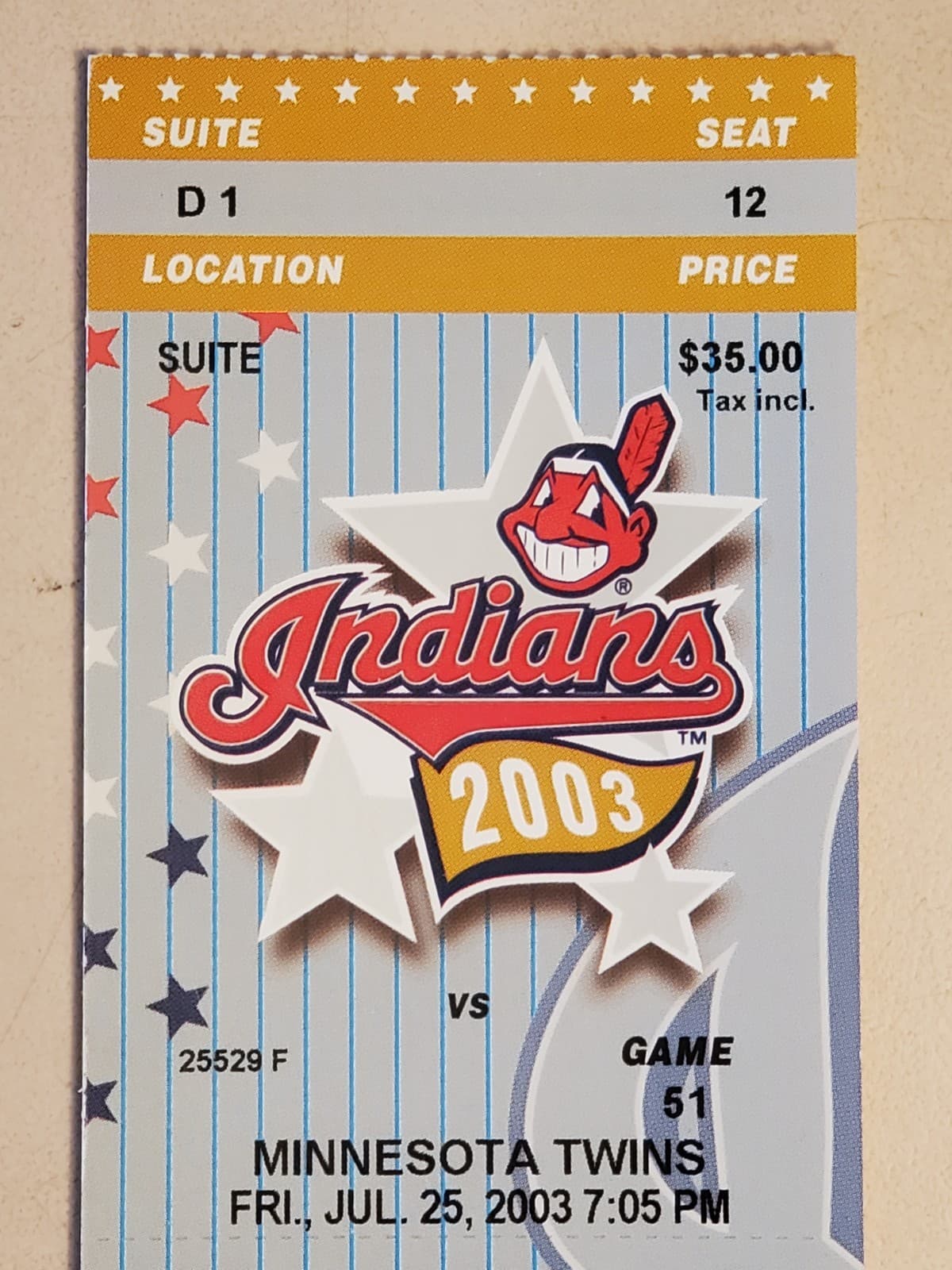 2003 MLB Cleveland Indians Ticket Stub JUL 25 2003 v Minnesota Twins (5-6L) SUIT - Thumbnail 4