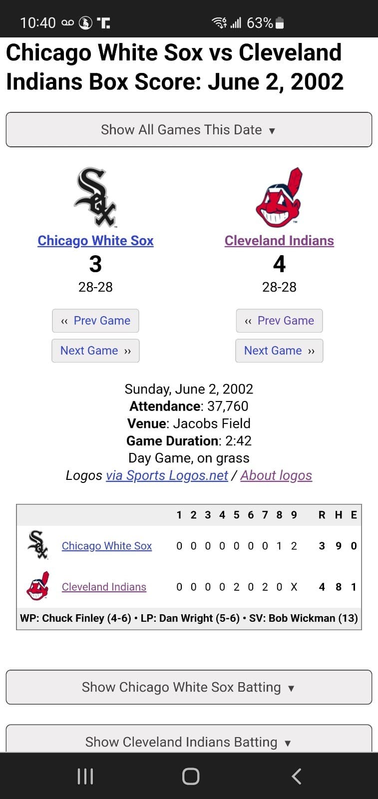 2002 MLB Cleveland Indians Ticket Stub JUN 2 2002 v Chicago White Sox (4-3W) - Thumbnail 3