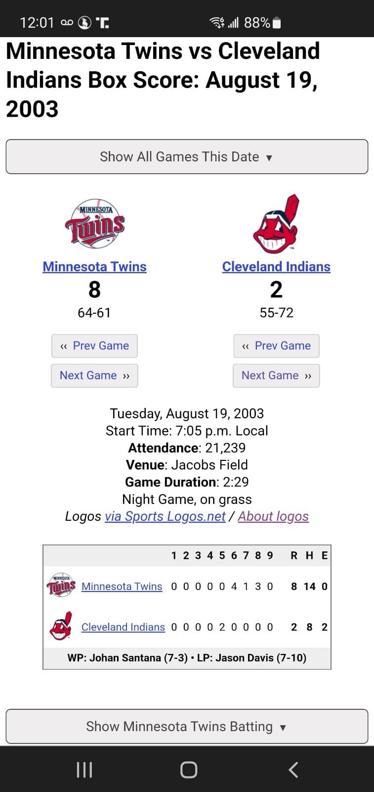 2003 MLB Cleveland Indians Ticket Stub AUG 19 2003 v Minnesota Twins (2-8L) - Thumbnail 3