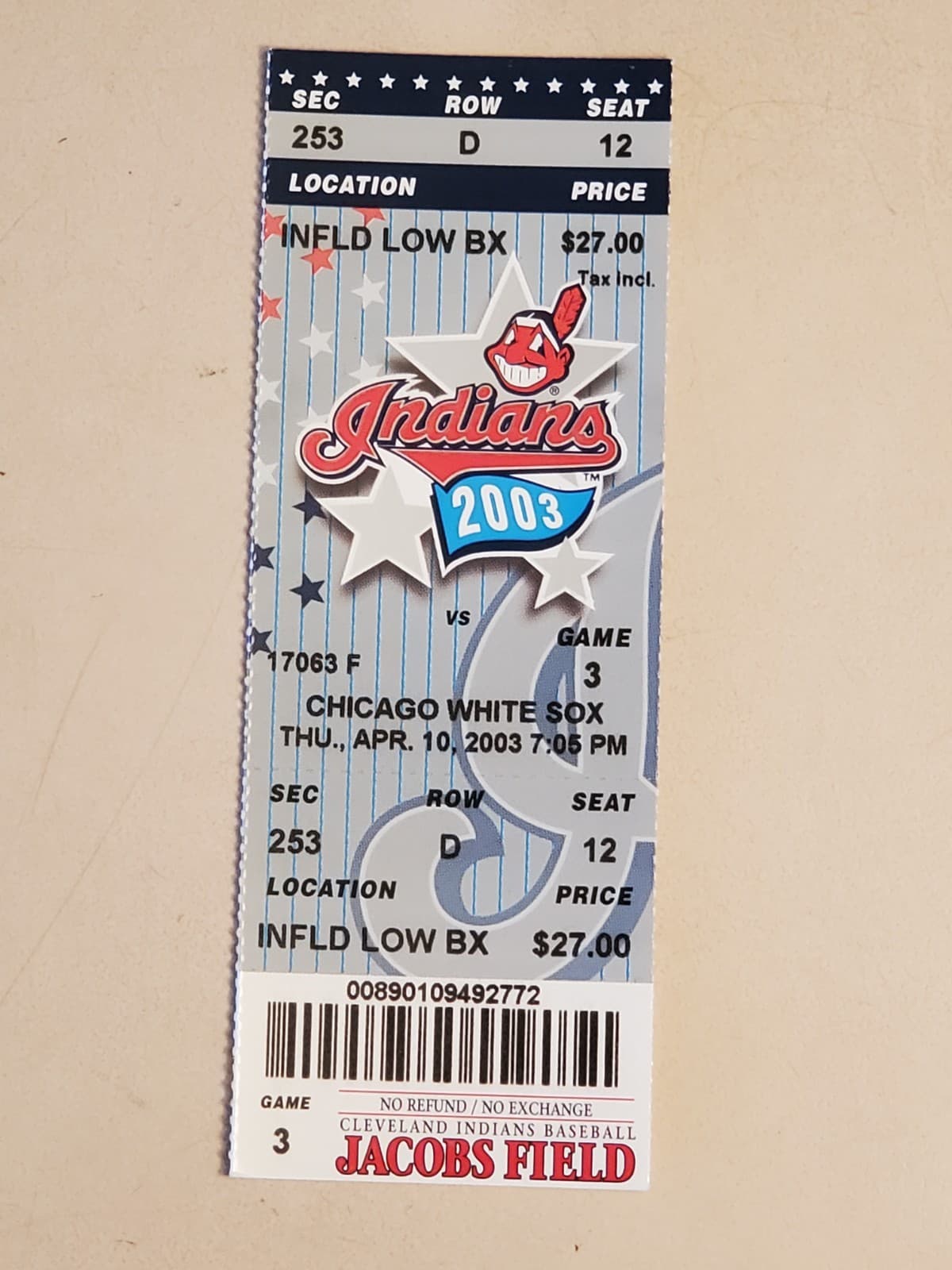 2003 MLB Cleveland Indians Ticket Stub APR 10 2003 v Chicago White Sox (2-7L) - Image 1