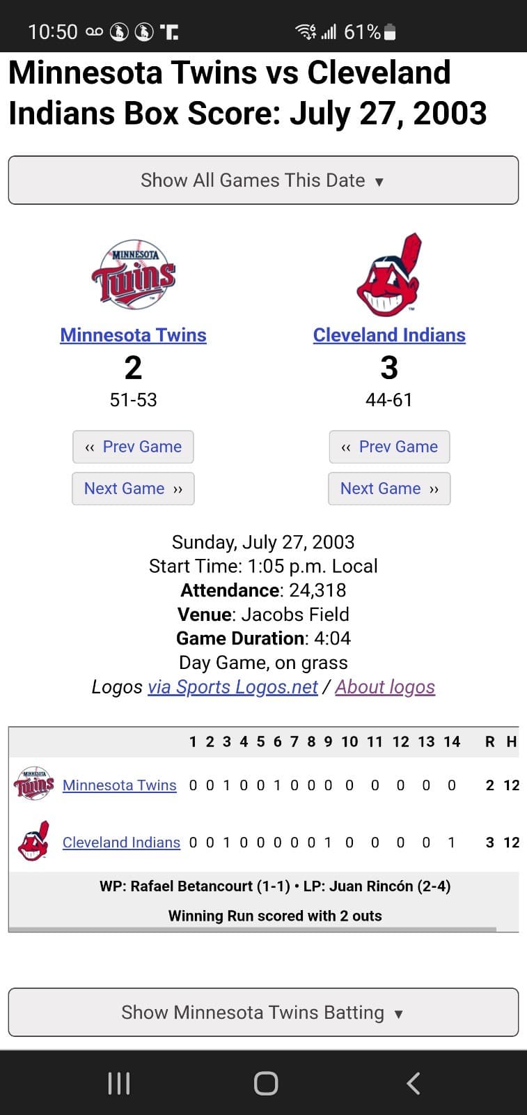 2003 MLB Cleveland Indians Ticket Stub JUL 27 2003 v Minnesota Twins (3-2W) SUIT - Thumbnail 3