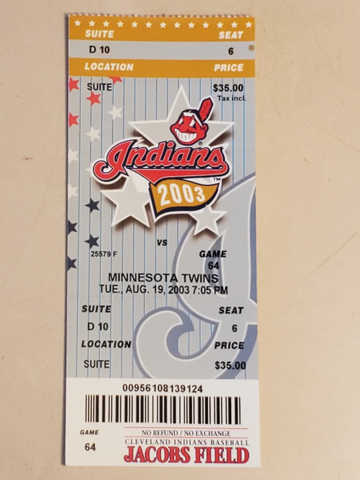 2003 MLB Cleveland Indians Ticket Stub AUG 19 2003 v Minnesota Twins (2-8L) - Image 1