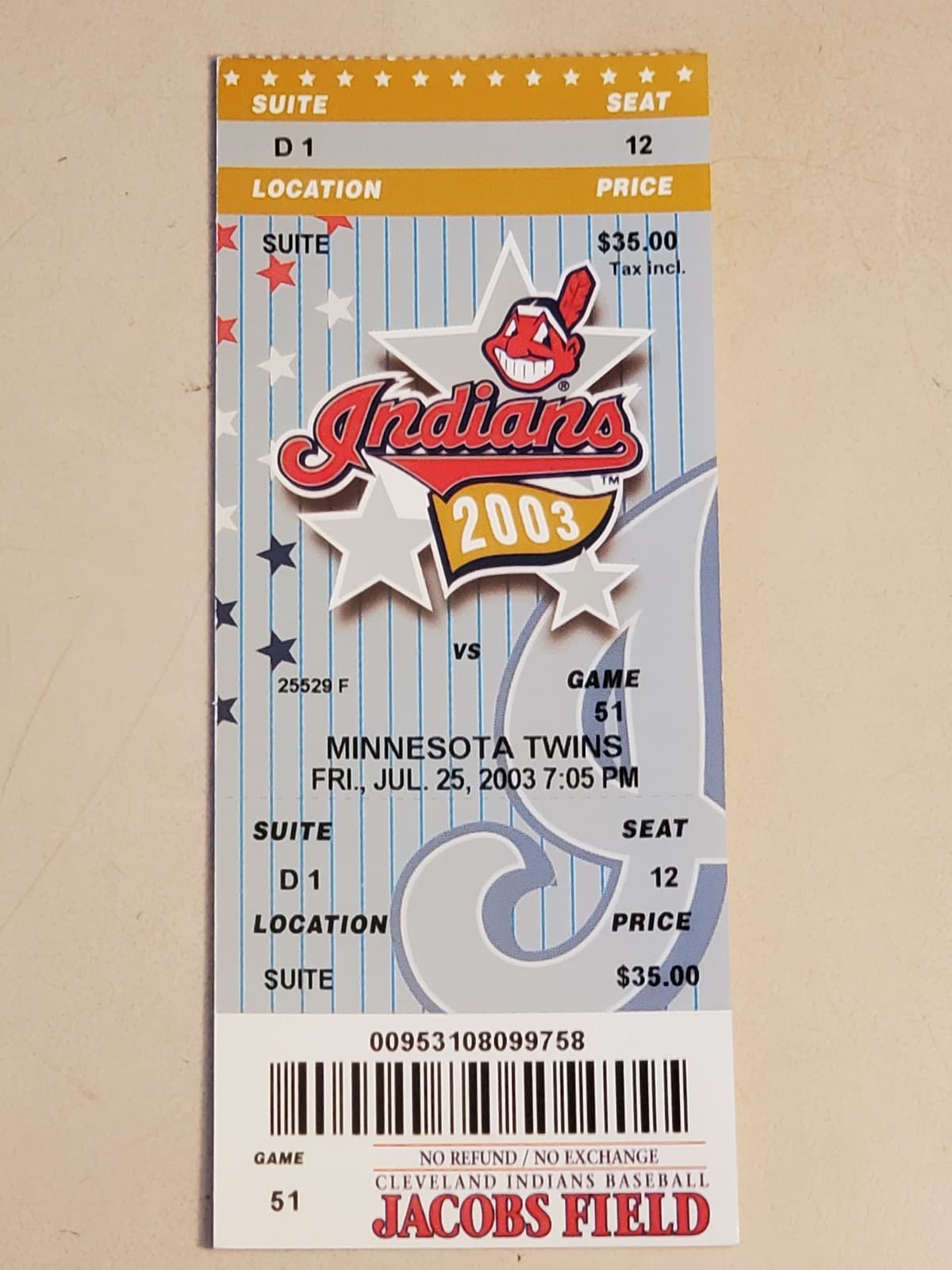 2003 MLB Cleveland Indians Ticket Stub JUL 25 2003 v Minnesota Twins (5-6L) SUIT - Image 1