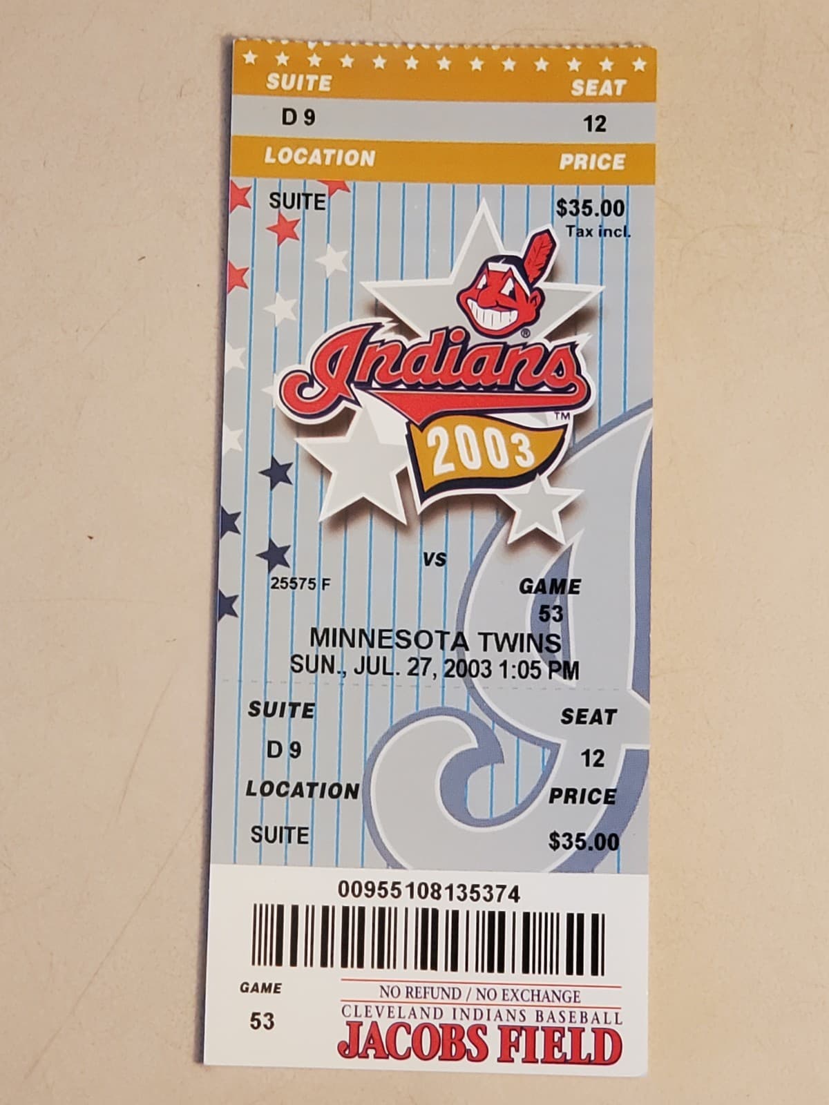 2003 MLB Cleveland Indians Ticket Stub JUL 27 2003 v Minnesota Twins (3-2W) SUIT - Image 1