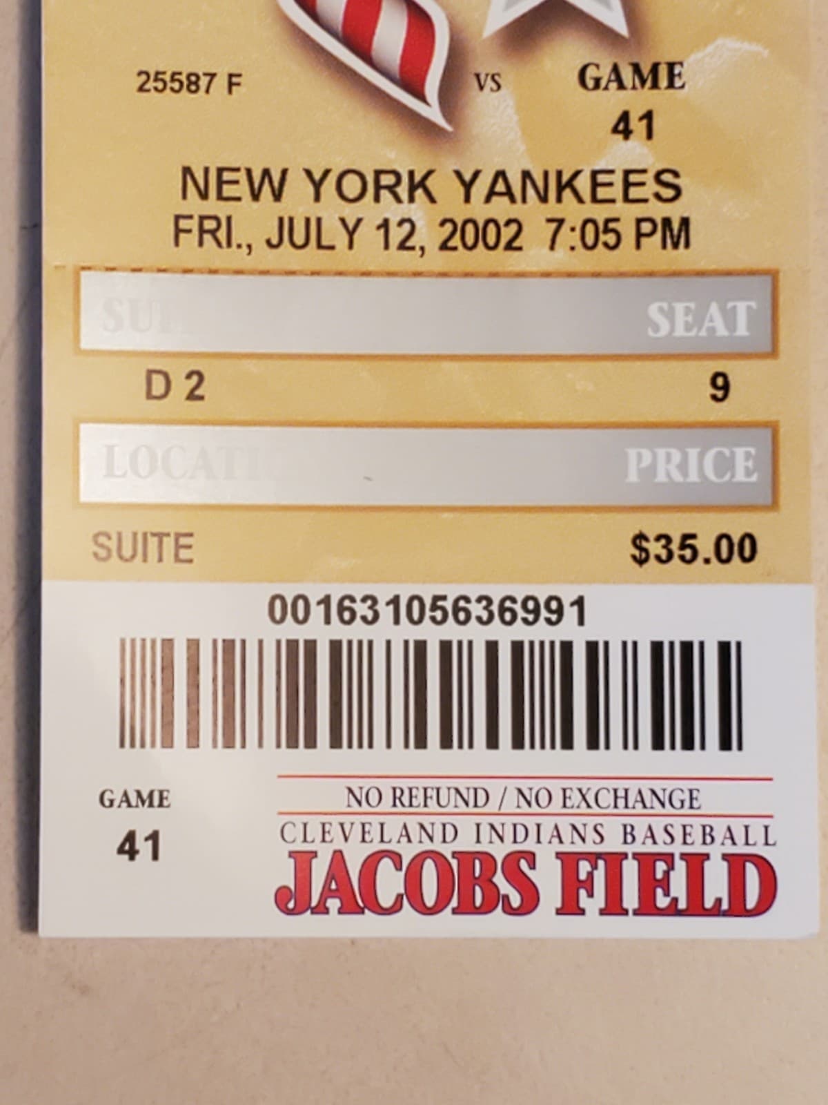2002 MLB Cleveland Indians Ticket Stub JUL 12 2002 v New York Yankees (2-1W) SUI - Thumbnail 5