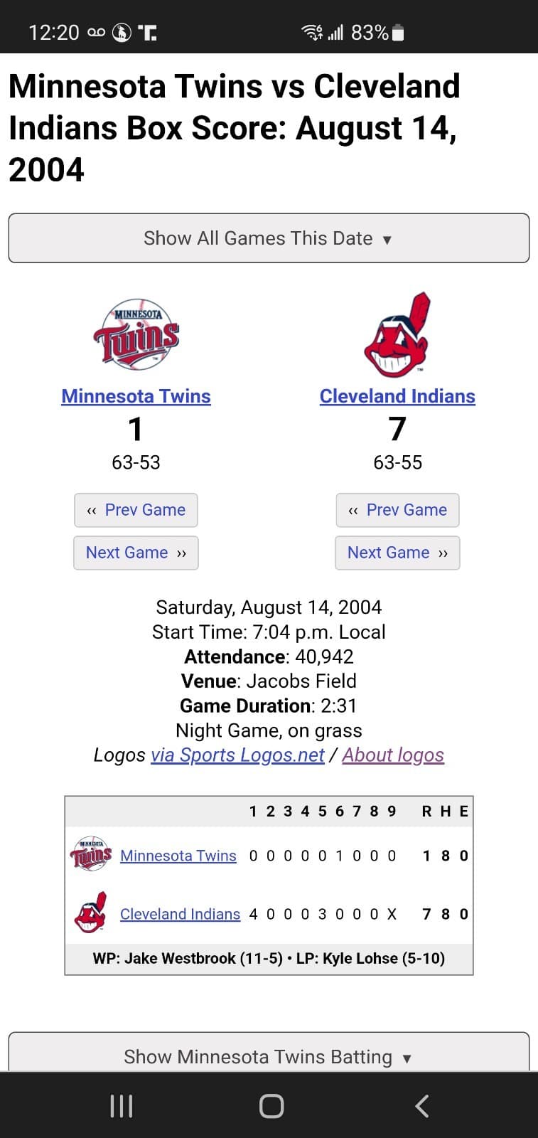 2004 MLB Cleveland Indians Ticket Stub AUG 14 2004 v Minnesota Twins (7-1W) SUIT - Thumbnail 3