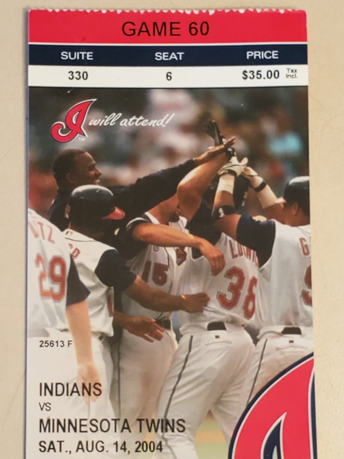 2004 MLB Cleveland Indians Ticket Stub AUG 14 2004 v Minnesota Twins (7-1W) SUIT - Thumbnail 6
