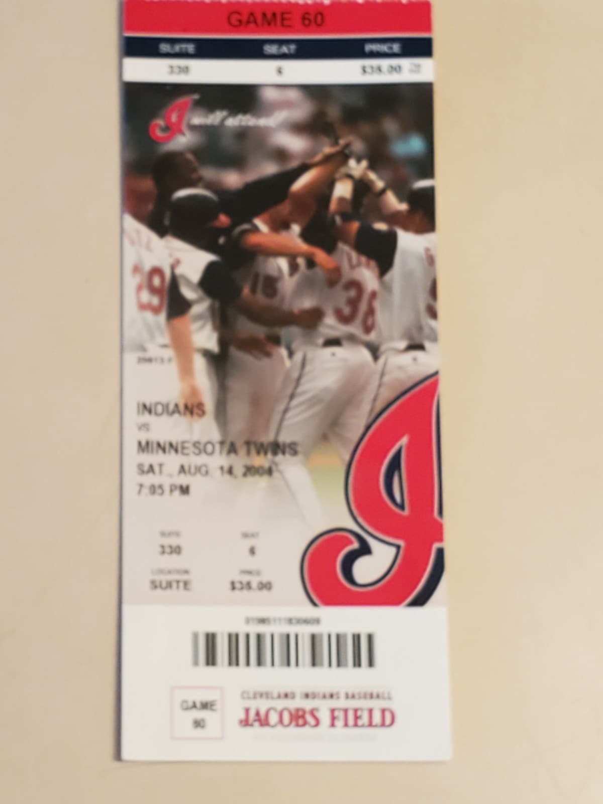 2004 MLB Cleveland Indians Ticket Stub AUG 14 2004 v Minnesota Twins (7-1W) SUIT - Image 1