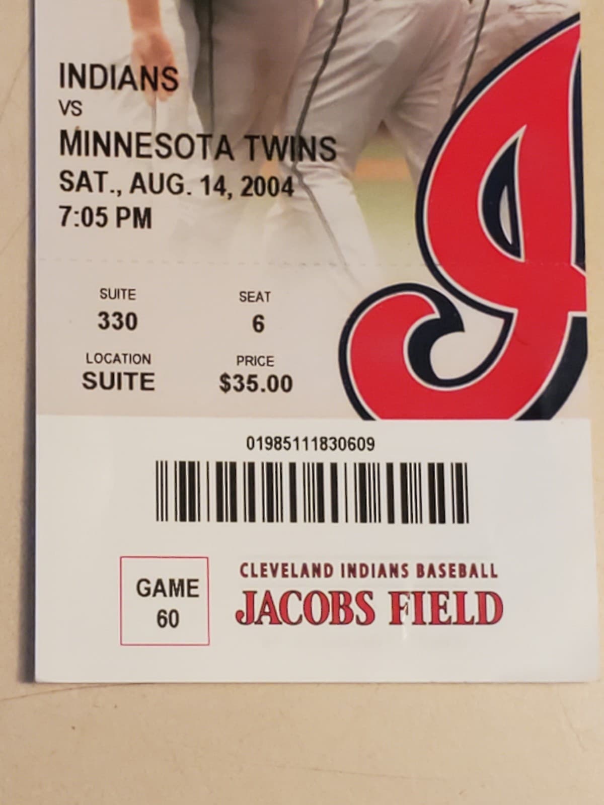 2004 MLB Cleveland Indians Ticket Stub AUG 14 2004 v Minnesota Twins (7-1W) SUIT - Thumbnail 5