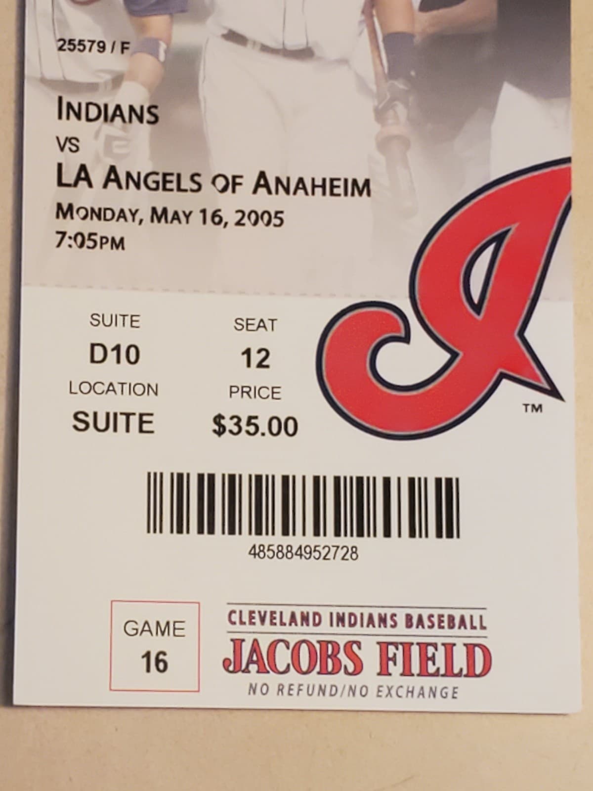 2005 MLB Cleveland Indians Ticket Stub MAY 16 2005 v Los Angeles Angels (1-3L) - Thumbnail 4