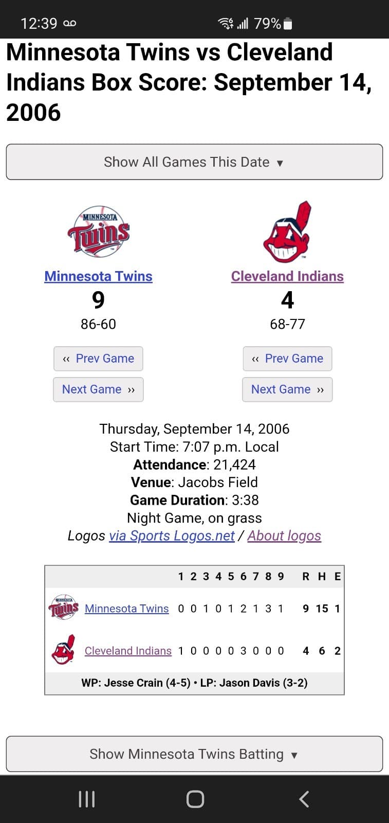 2006 MLB Cleveland Indians Ticket Stub SEP 14 2006 v Minnesota Twins (4-9L) - Thumbnail 3