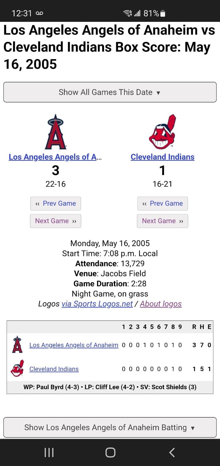 2005 MLB Cleveland Indians Ticket Stub MAY 16 2005 v Los Angeles Angels (1-3L) - Thumbnail 3