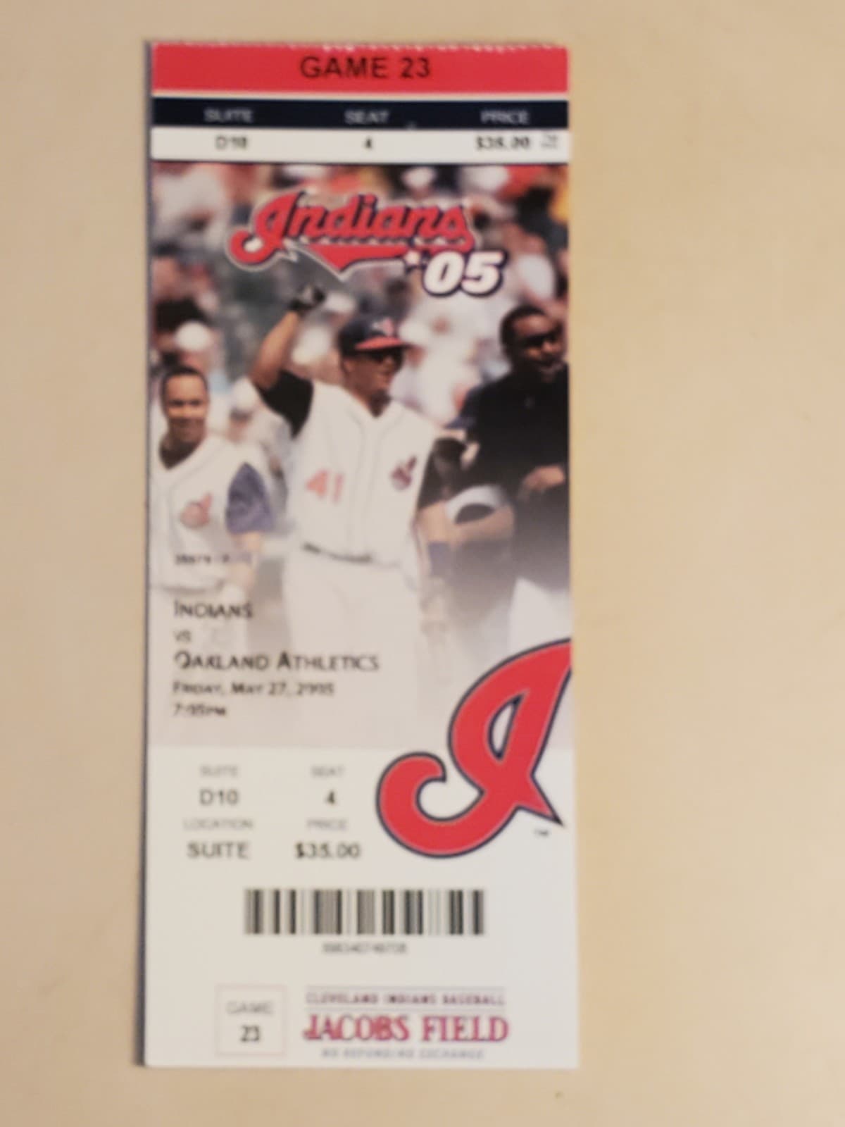 2005 MLB Cleveland Indians Ticket Stub MAY 27 2005 v Oakland A's (4-1W) SUITE D1 - Image 1