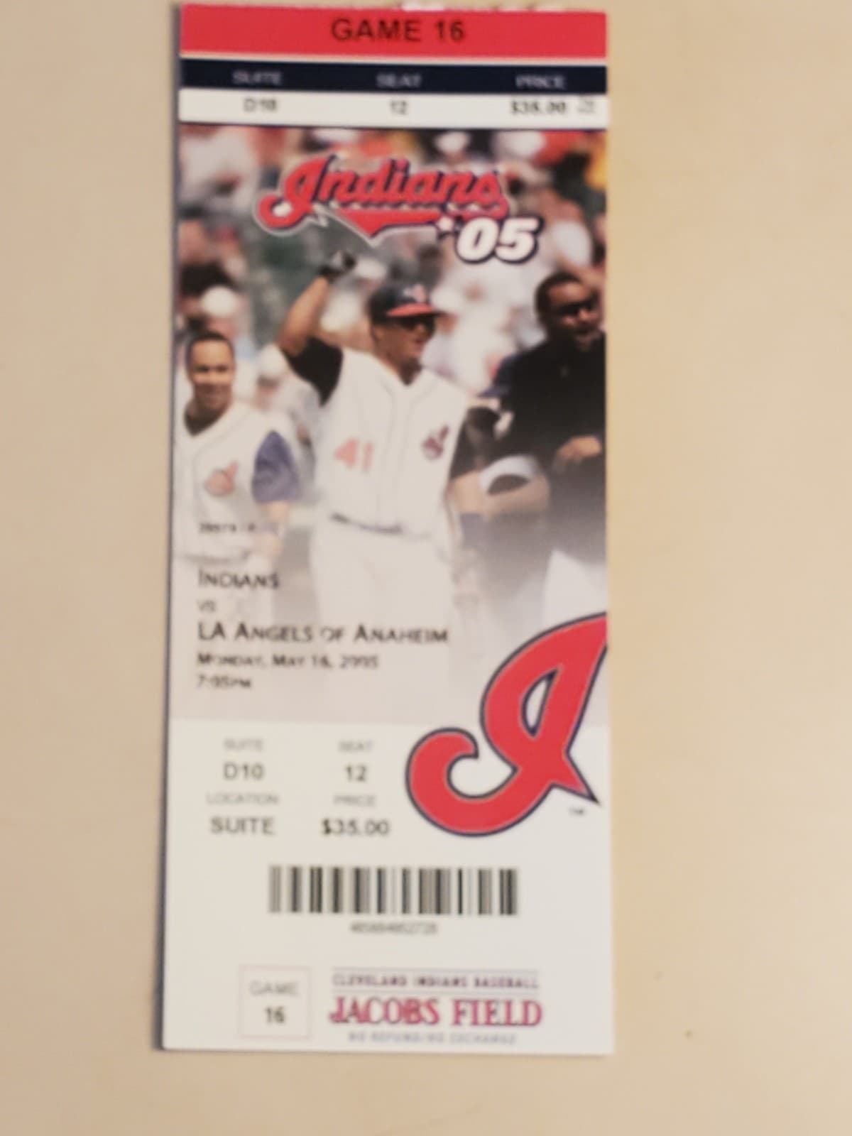 2005 MLB Cleveland Indians Ticket Stub MAY 16 2005 v Los Angeles Angels (1-3L) - Image 1