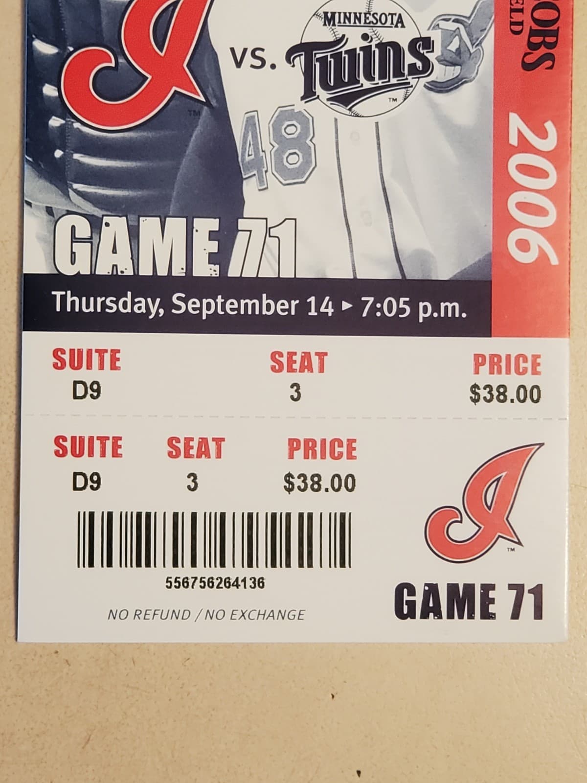 2006 MLB Cleveland Indians Ticket Stub SEP 14 2006 v Minnesota Twins (4-9L) - Thumbnail 5