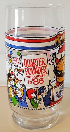 McDonald's McVote Quarter Pounder with Cheese drinking glass. Rare 1986 election - Image 1