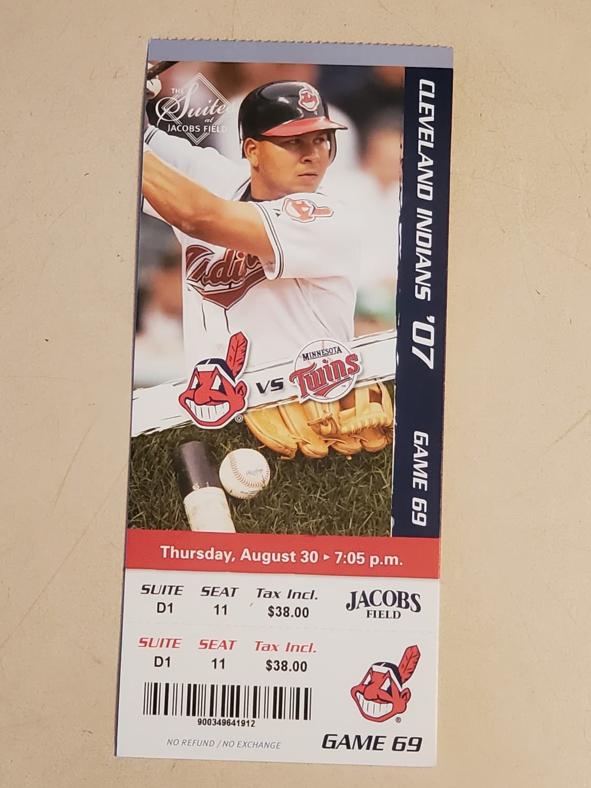 2007 MLB Cleveland Indians Ticket Stub AUG 30 2007 v Seattle Mariners (Minn) - Image 1
