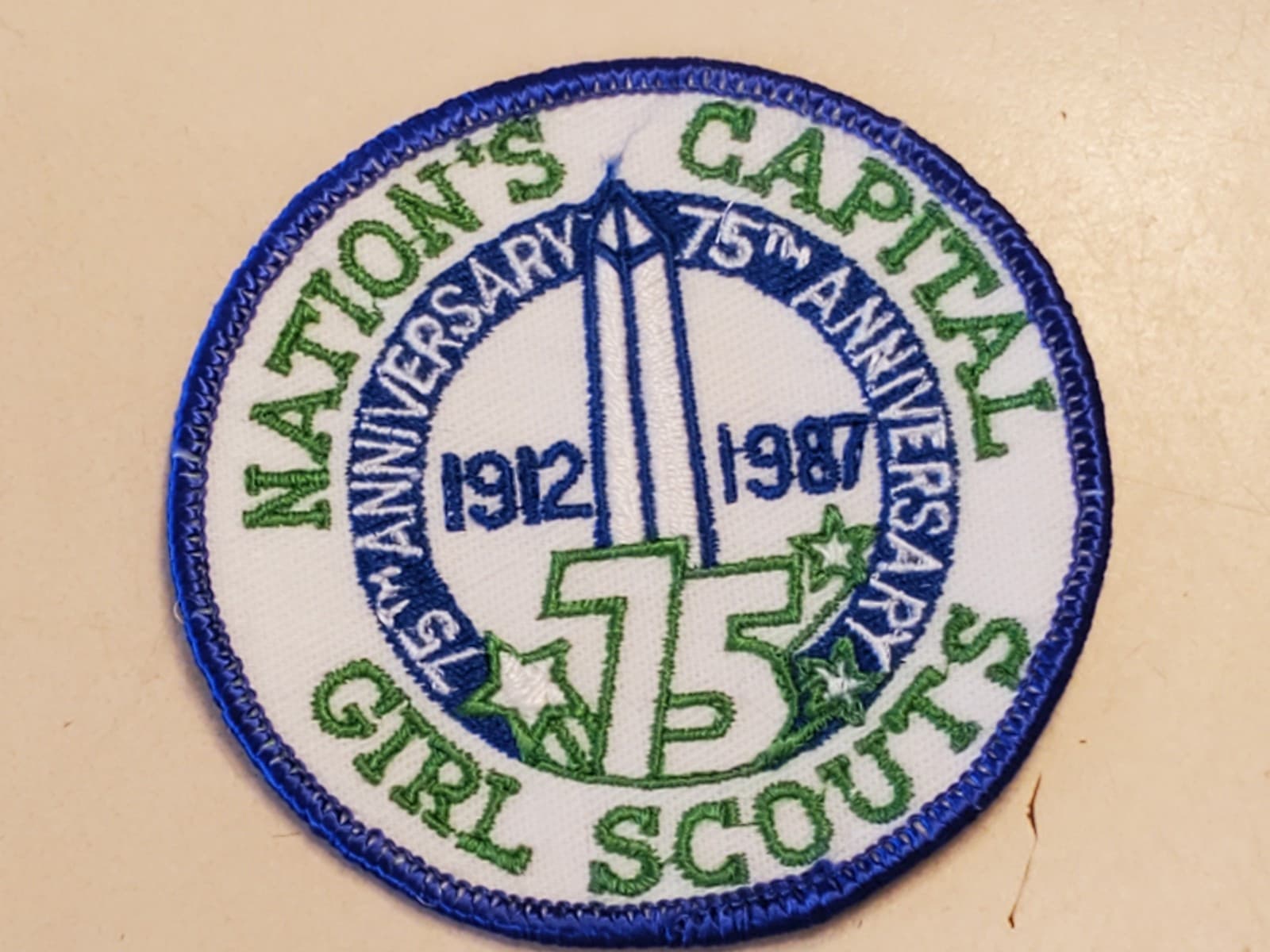 GIRL SCOUTS Patch '1987 75th Anniversary' GSA Embroidered Iron-on. NEW Loose - Image 1