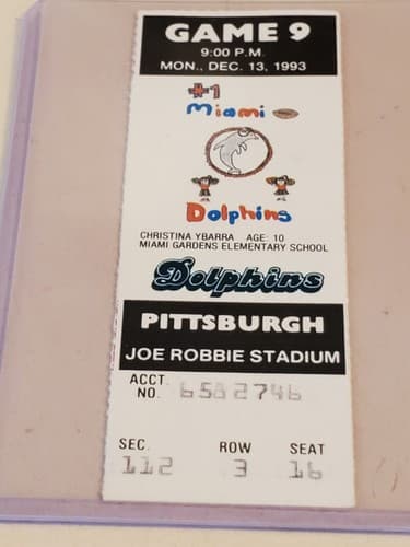 1993 NFL Miami Dolphins Ticket stub. DEC 13 1993 v Pittsburgh Steelers. - Thumbnail 3