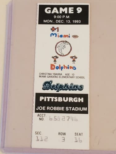 1993 NFL Miami Dolphins Ticket stub. DEC 13 1993 v Pittsburgh Steelers. - Thumbnail 6