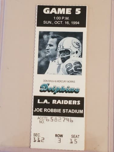 1994 NFL Miami Dolphins Ticket stub. OCT 16 1994 v LA Raiders TWO Ava. Don Shula - Image 1