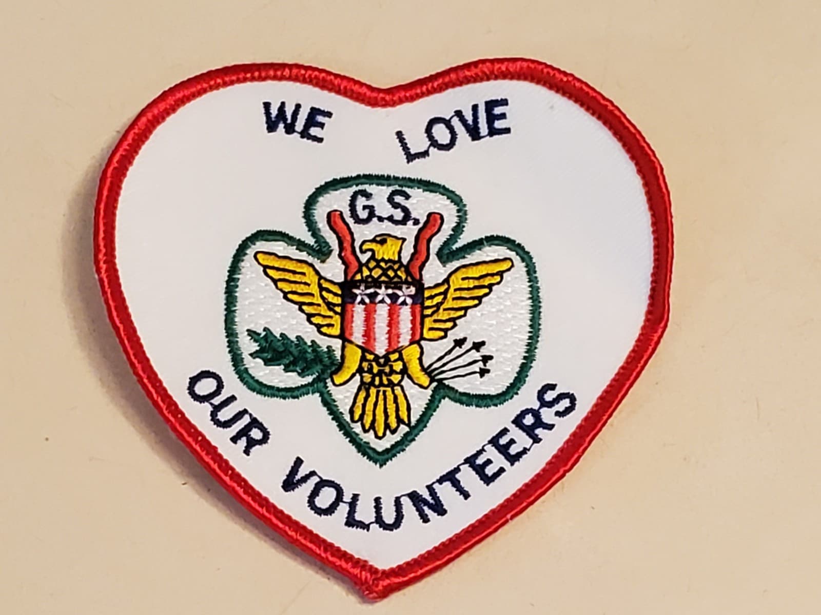GIRL SCOUTS Patch 'We Love Our Volunteers' GSA Embroidered Iron-on. NEW Loose It - Image 1