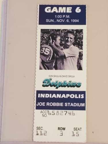 1994 NFL Miami Dolphins Ticket stub. NOV 6 1994 v Indy Colts. TWO ava. Don Shula - Image 1