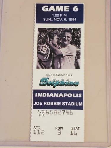 1994 NFL Miami Dolphins Ticket stub. NOV 6 1994 v Indy Colts. TWO ava. Don Shula - Thumbnail 9