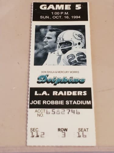 1994 NFL Miami Dolphins Ticket stub. OCT 16 1994 v LA Raiders TWO Ava. Don Shula - Thumbnail 12
