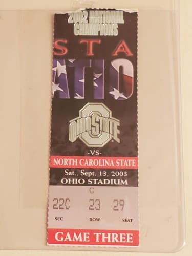 2003 NCAA Ohio State Univ ticket stub. SEP 13 2003 v North Carolina State 44-38W - Image 1