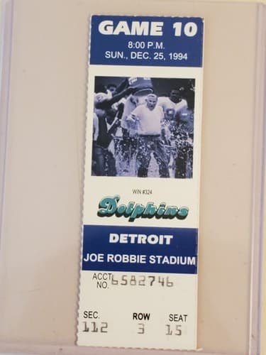 1994 NFL Miami Dolphins Ticket stub. DEC 25 94 v Detroit Lions 2 ava. Shula #324 - Image 1