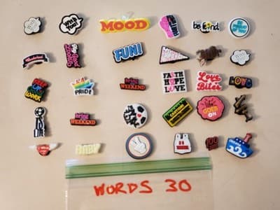 LOT(30) CROCS Charms 'WORDS' shoe jibbitz for sandals cloggs. Fits adult &yout - Image 1