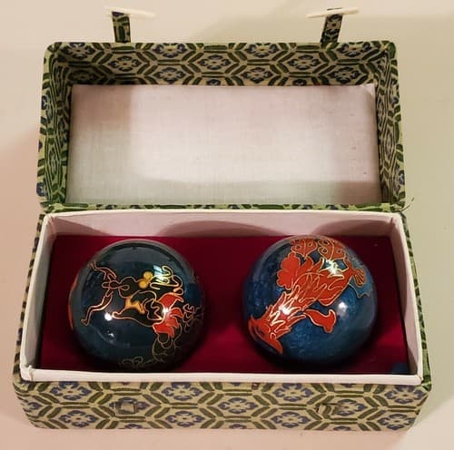 Chinese Hand Massage Relaxation Metal Balls w Case. Blue painted balls w sounds - Image 1
