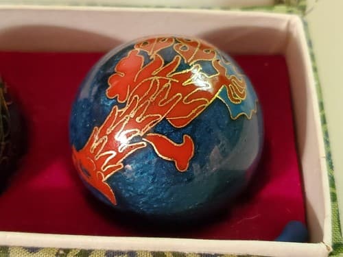 Chinese Hand Massage Relaxation Metal Balls w Case. Blue painted balls w sounds - Thumbnail 3
