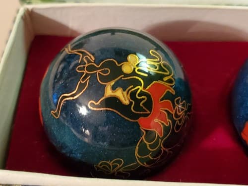Chinese Hand Massage Relaxation Metal Balls w Case. Blue painted balls w sounds - Thumbnail 2