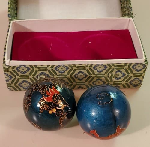 Chinese Hand Massage Relaxation Metal Balls w Case. Blue painted balls w sounds - Thumbnail 4