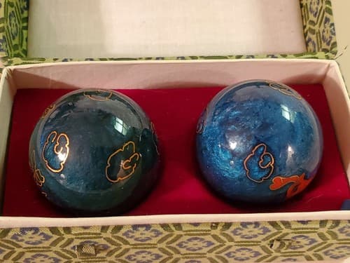 Chinese Hand Massage Relaxation Metal Balls w Case. Blue painted balls w sounds - Thumbnail 5